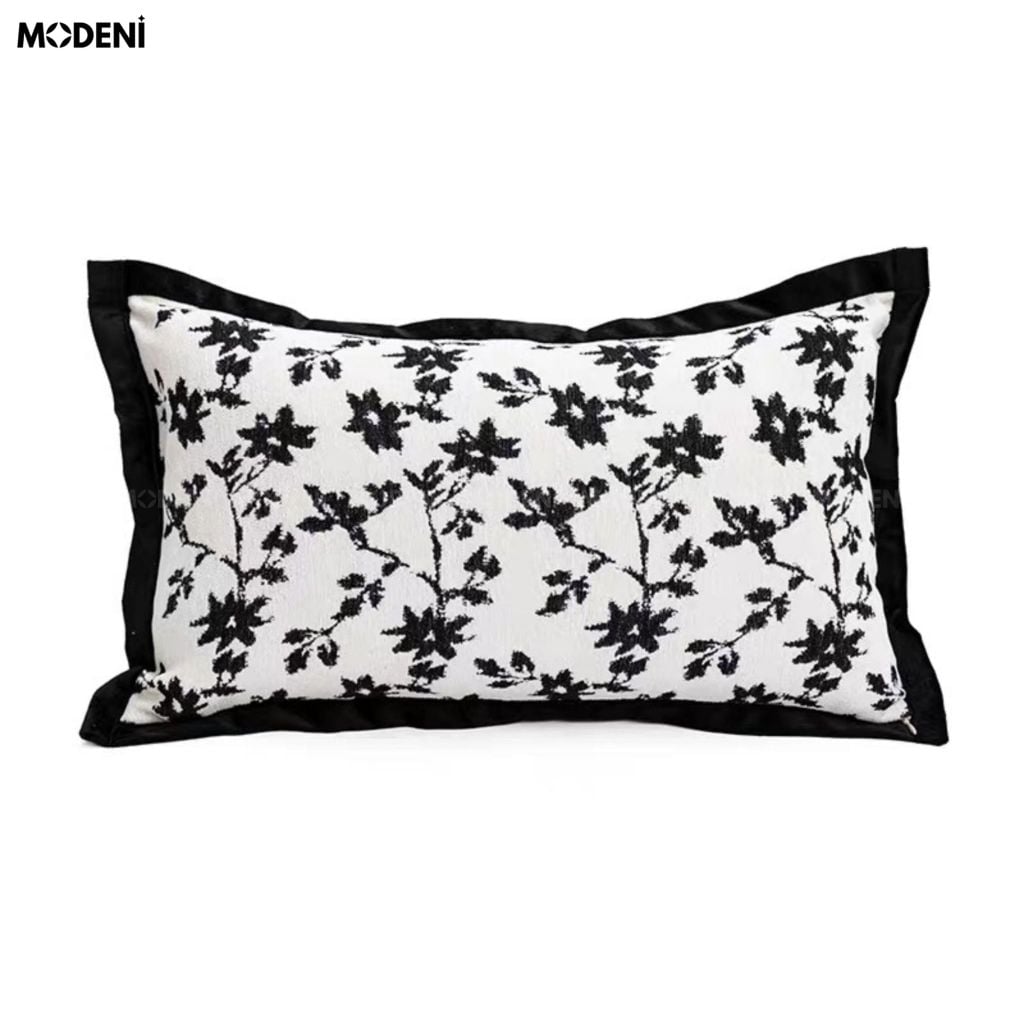 Vỏ Gối Sofa Inklace – Vải Jacquard Phối Nhung Họa Tiết Hoa Đen May Viền Cổ Điển
