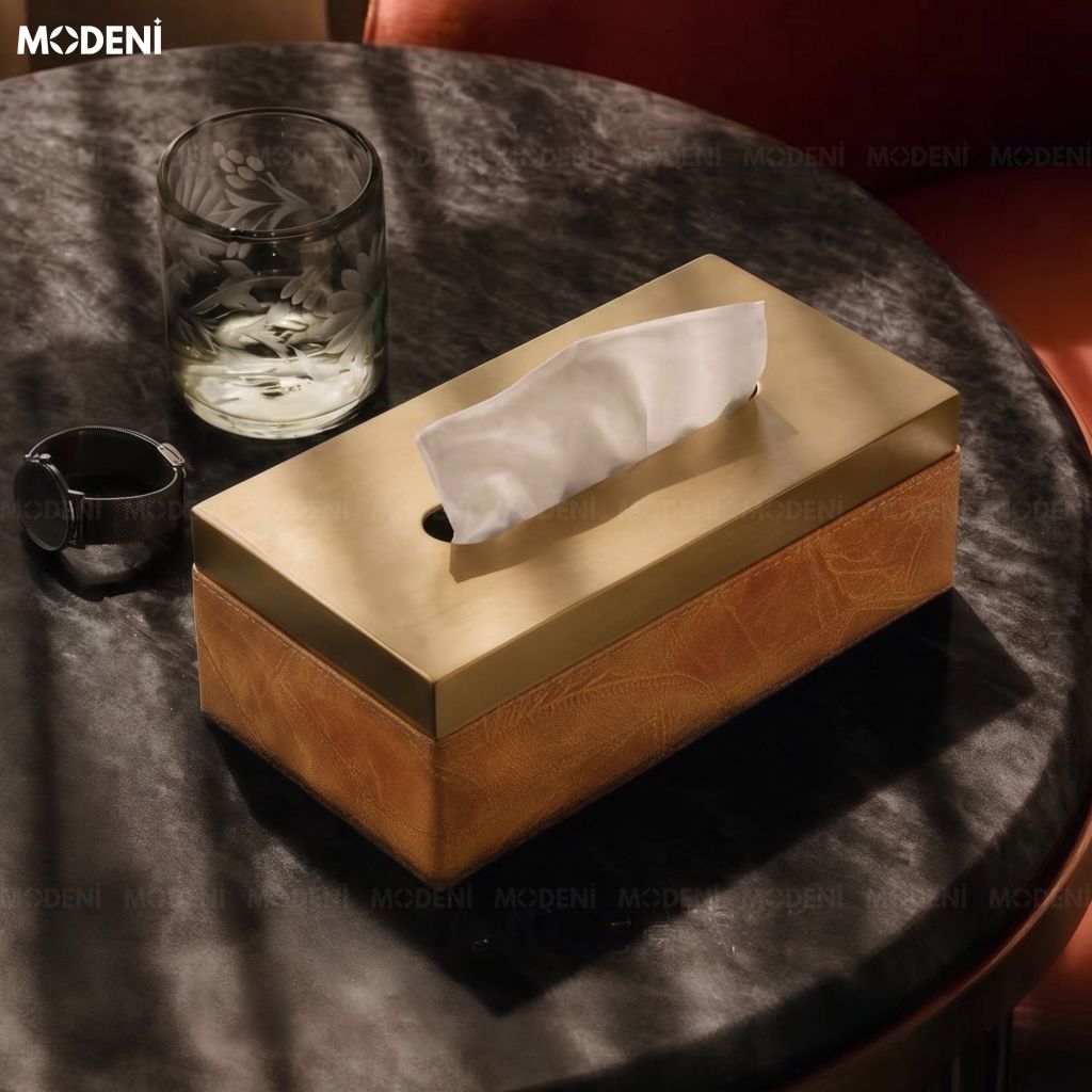 Hộp Khăn Giấy Tangeri Da PU Vân Nổi Cao Cấp Phối Kim Loại Champagne Gold Sang Trọng Hiện Đại Cho Phòng Ngủ Và Bàn Ăn