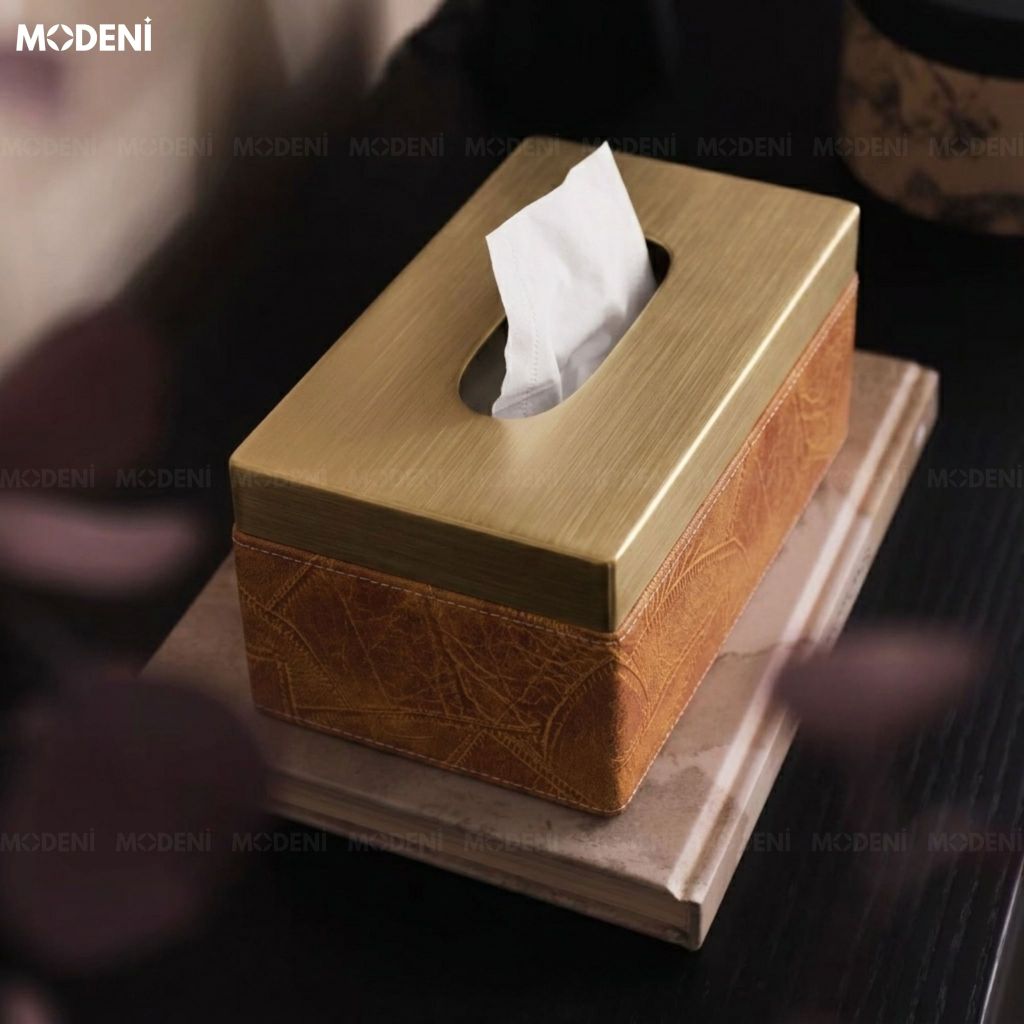 Hộp Khăn Giấy Tangeri Da PU Vân Nổi Cao Cấp Phối Kim Loại Champagne Gold Sang Trọng Hiện Đại Cho Phòng Ngủ Và Bàn Ăn