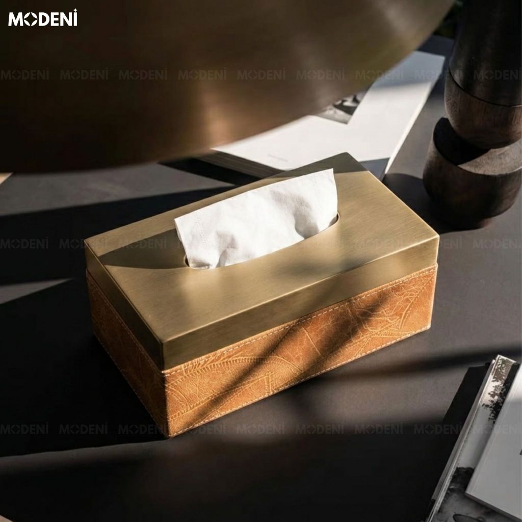 Hộp Khăn Giấy Tangeri Da PU Vân Nổi Cao Cấp Phối Kim Loại Champagne Gold Sang Trọng Hiện Đại Cho Phòng Ngủ Và Bàn Ăn