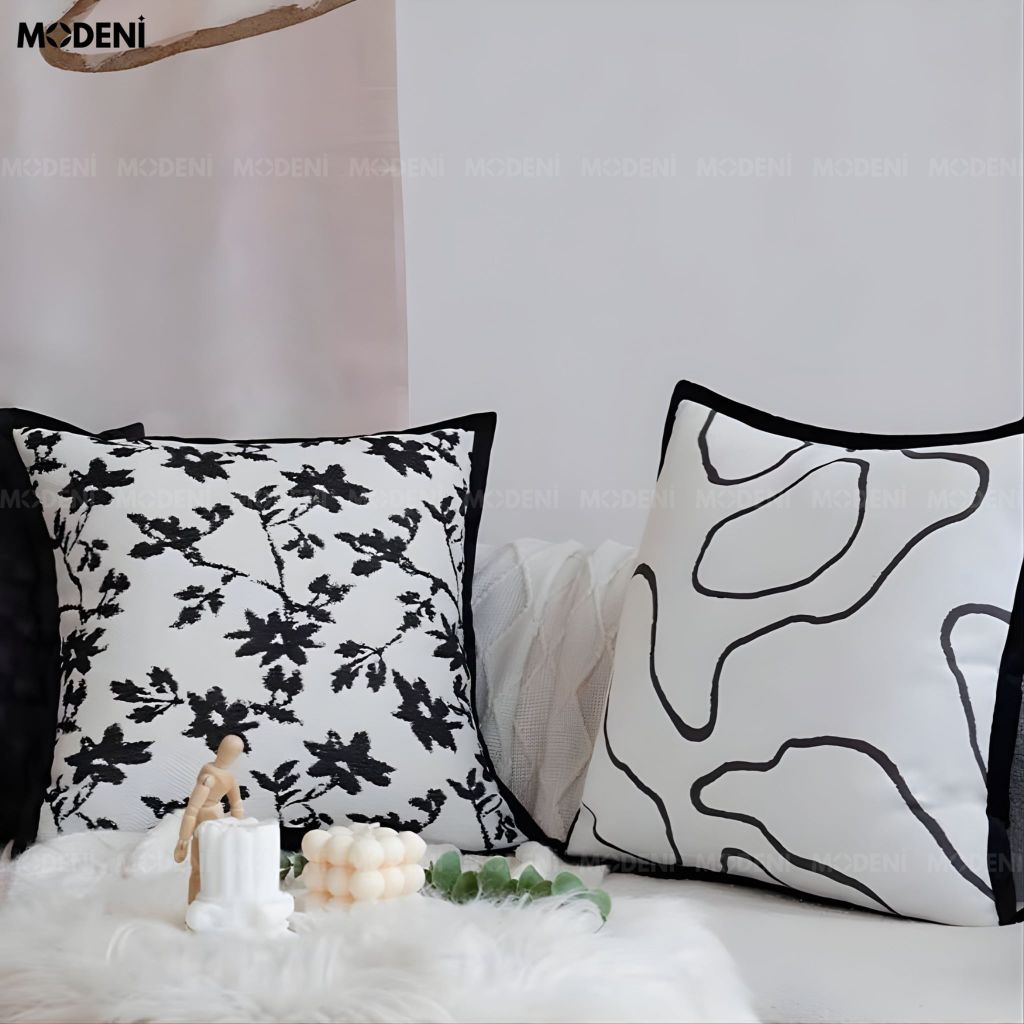 Vỏ Gối Sofa Inklace – Vải Jacquard Phối Nhung Họa Tiết Hoa Đen May Viền Cổ Điển