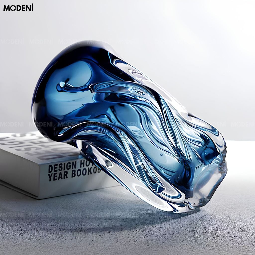 Bình Hoa Ocean Wave Thủy Tinh Sóng Nước Xanh Dương Phong Cách Hiện Đại Sang Trọng