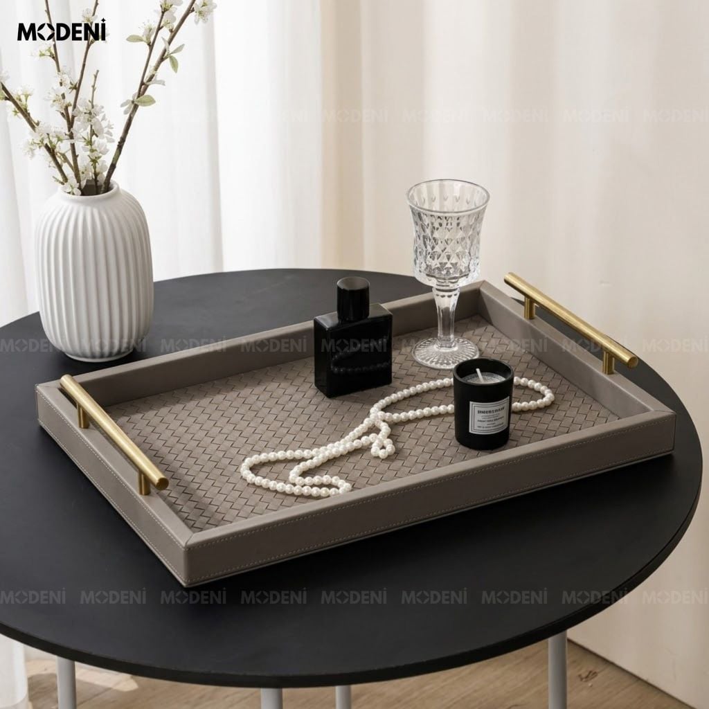 Khay Trang Trí Maroni Xám Bọc Da PU Cao Cấp Tay Cầm Mạ Vàng Sang Trọng Cho Bàn Sofa