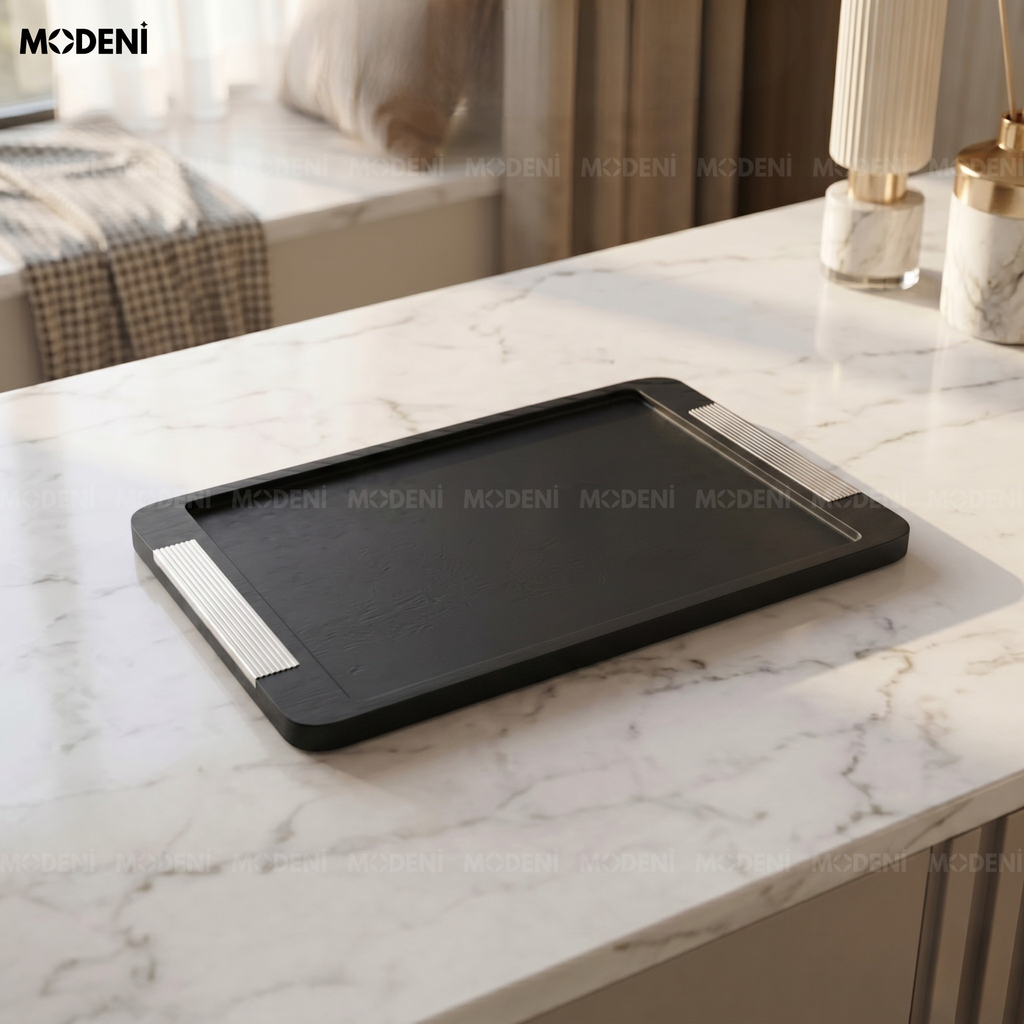 Khay Trang Trí Onyx Gỗ Sồi Phối Hợp Kim Đen Nhám Phong Cách Tối Giản