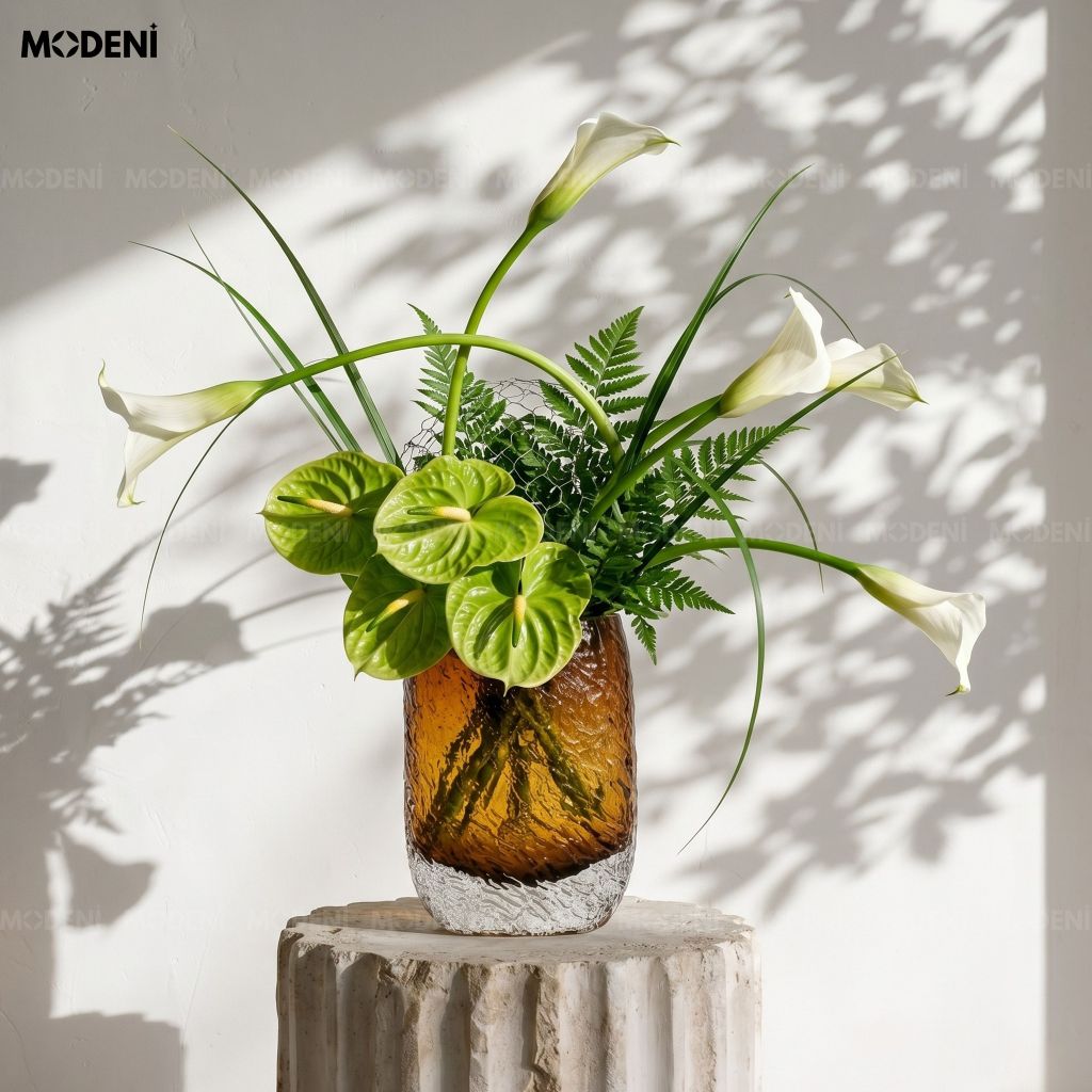 Bình Hoa Amber Cube Thủy Tinh Loang Nâu Vàng Hổ Phách Phong Cách Tối Giản