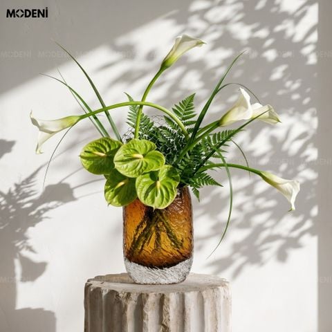 Bình Hoa Amber Cube Thủy Tinh Loang Nâu Vàng Hổ Phách Phong Cách Tối Giản 