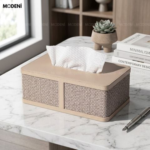 Góc chụp trên bàn đá cẩm thạch hộp đựng khăn giấy vuông Cortina da PU, phối cảnh decor không gian làm việc cạnh sách.