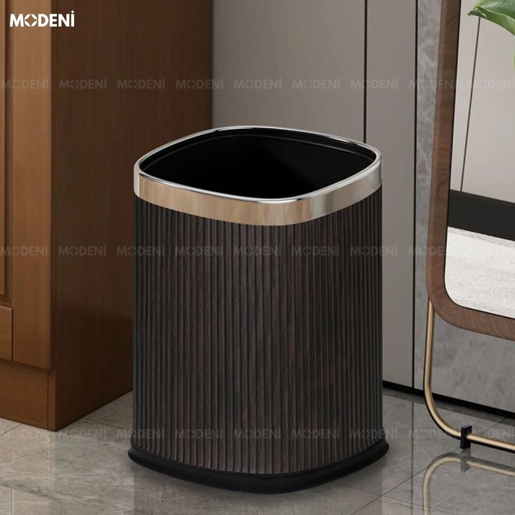 Thùng Rác Trang Trí Volta Da PU Khung Kim Loại Phong Cách Minimalism Phối Đen Trắng Viền Bạc Cho Phòng Khách
