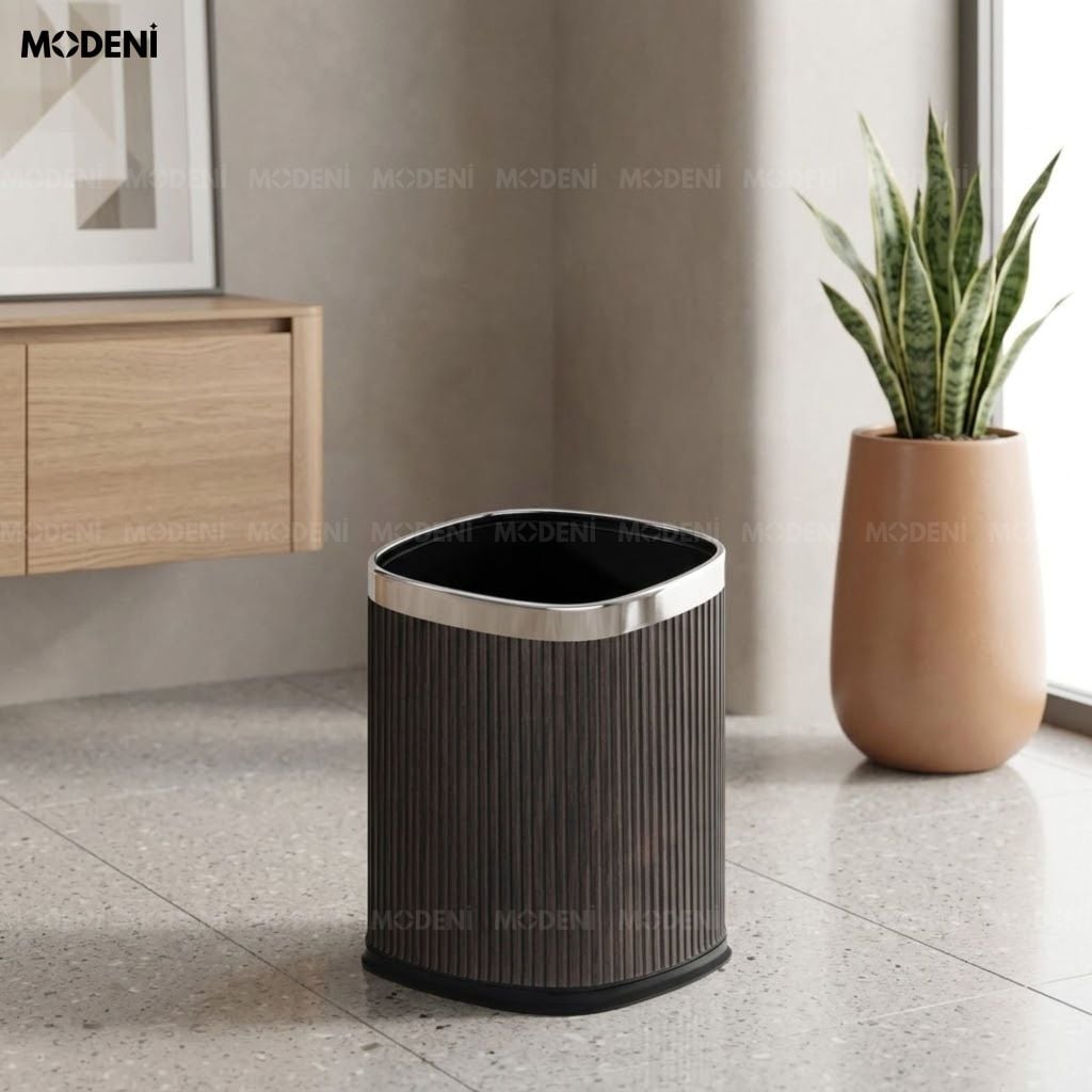 Thùng Rác Trang Trí Volta Da PU Khung Kim Loại Phong Cách Minimalism Phối Đen Trắng Viền Bạc Cho Phòng Khách