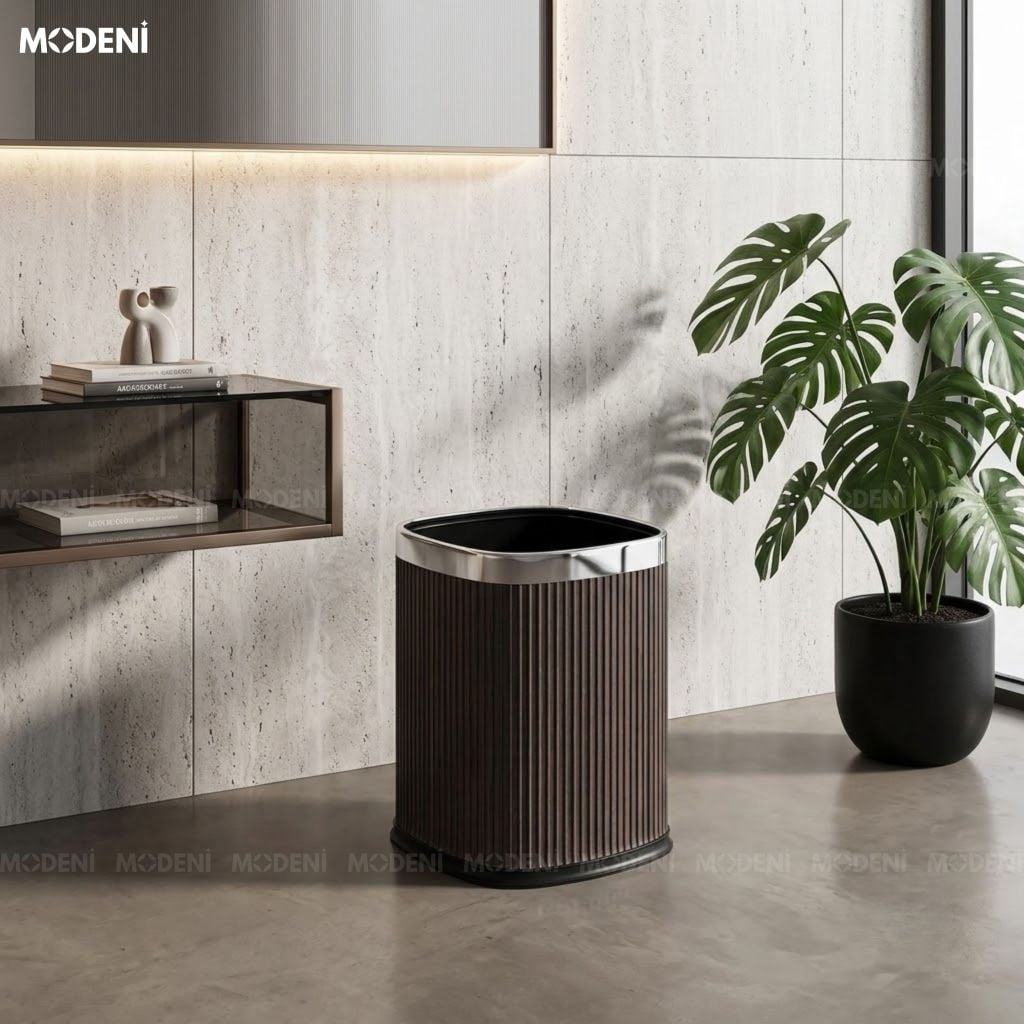 Thùng Rác Trang Trí Volta Da PU Khung Kim Loại Phong Cách Minimalism Phối Đen Trắng Viền Bạc Cho Phòng Khách