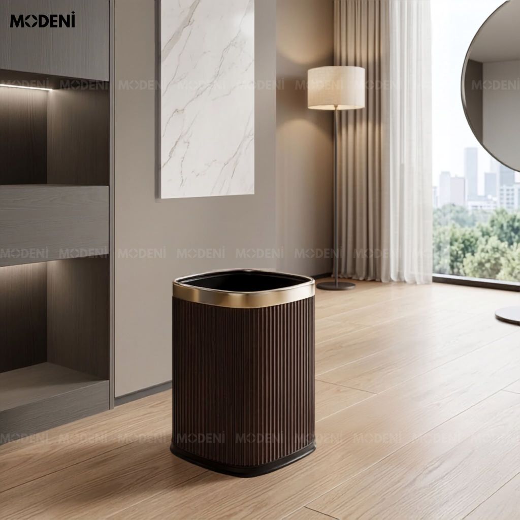 Thùng Rác Trang Trí Volta Da PU Khung Kim Loại Phong Cách Minimalism Phối Đen Trắng Viền Bạc Cho Phòng Khách