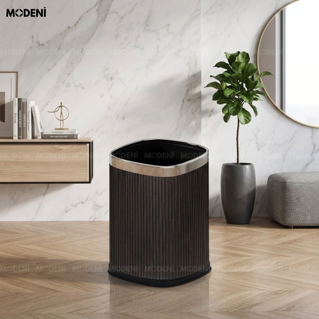 Thùng Rác Trang Trí Volta Da PU Khung Kim Loại Phong Cách Minimalism Phối Đen Trắng Viền Bạc Cho Phòng Khách