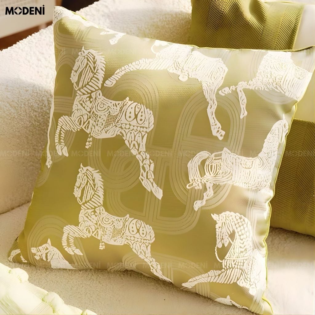 Vỏ Gối Sofa Shadowline – Vải Jacquard Phối Linen Họa Tiết Ngựa Thêu May Viền Ẩn Hiện Đại
