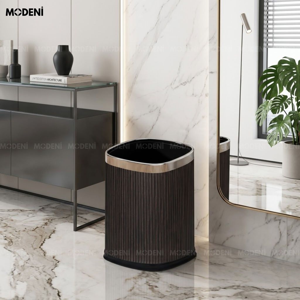 Thùng Rác Trang Trí Volta Da PU Khung Kim Loại Phong Cách Minimalism Phối Đen Trắng Viền Bạc Cho Phòng Khách