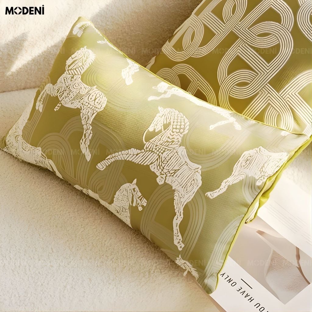 Vỏ Gối Sofa Shadowline – Vải Jacquard Phối Linen Họa Tiết Ngựa Thêu May Viền Ẩn Hiện Đại