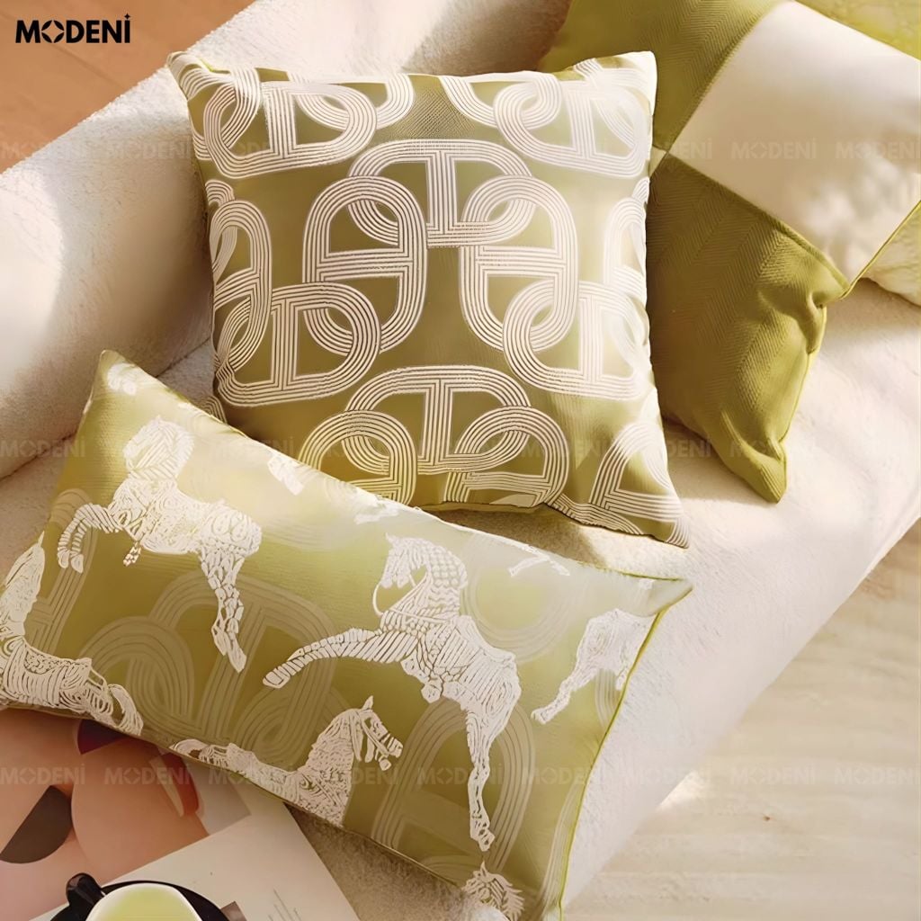 Vỏ Gối Sofa Shadowline – Vải Jacquard Phối Linen Họa Tiết Ngựa Thêu May Viền Ẩn Hiện Đại