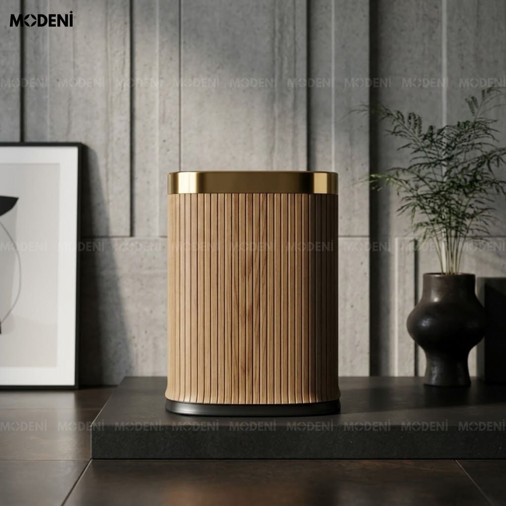 Thùng Rác Lignum Khung Kim Loại Bọc Da PU Modern Luxury Họa Tiết Vân Gỗ Nổi Cho Bàn Làm Việc