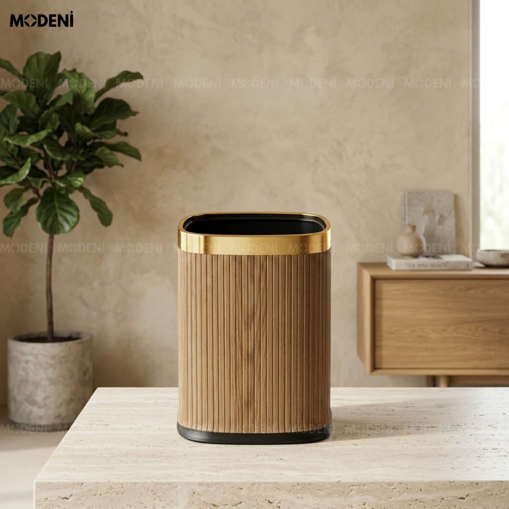 Thùng Rác Lignum Khung Kim Loại Bọc Da PU Modern Luxury Họa Tiết Vân Gỗ Nổi Cho Bàn Làm Việc
