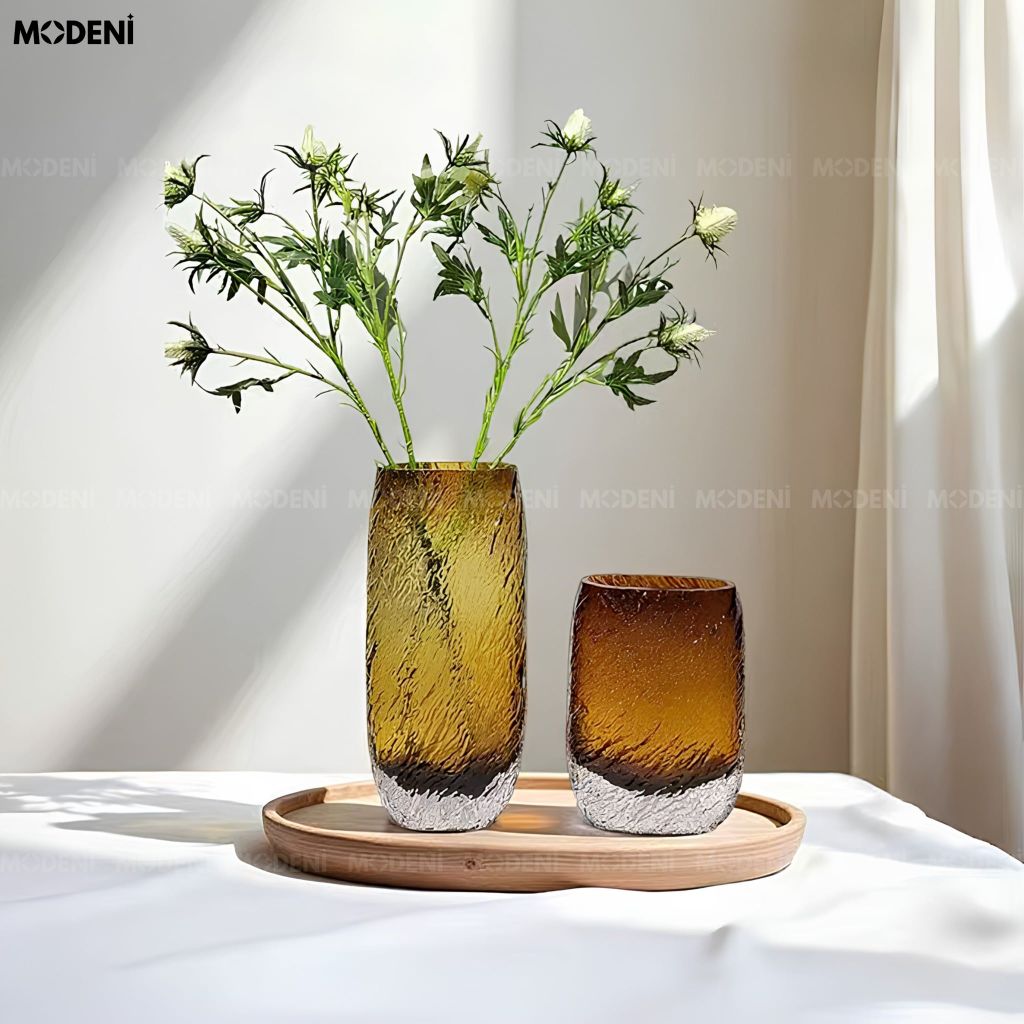 Bình Hoa Amber Cube Thủy Tinh Loang Nâu Vàng Hổ Phách Phong Cách Tối Giản