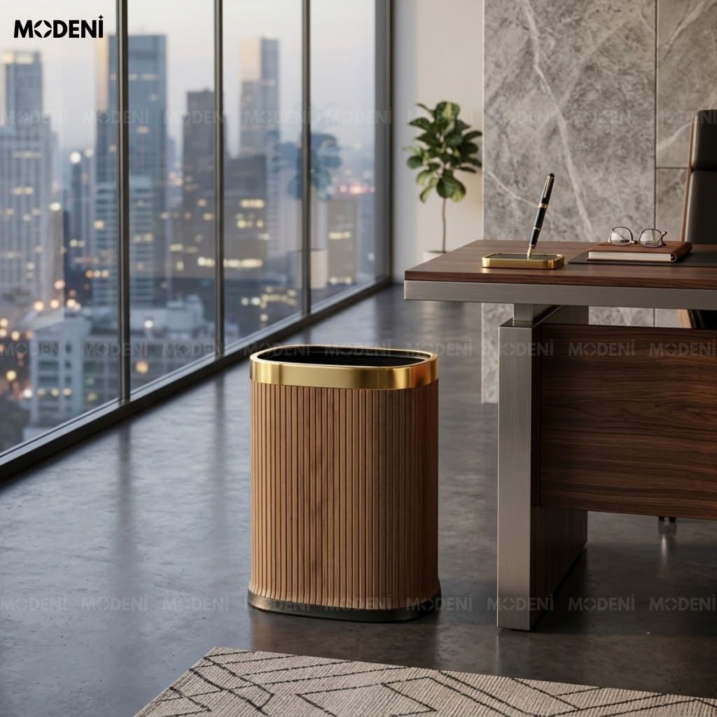 Thùng Rác Lignum Khung Kim Loại Bọc Da PU Modern Luxury Họa Tiết Vân Gỗ Nổi Cho Bàn Làm Việc