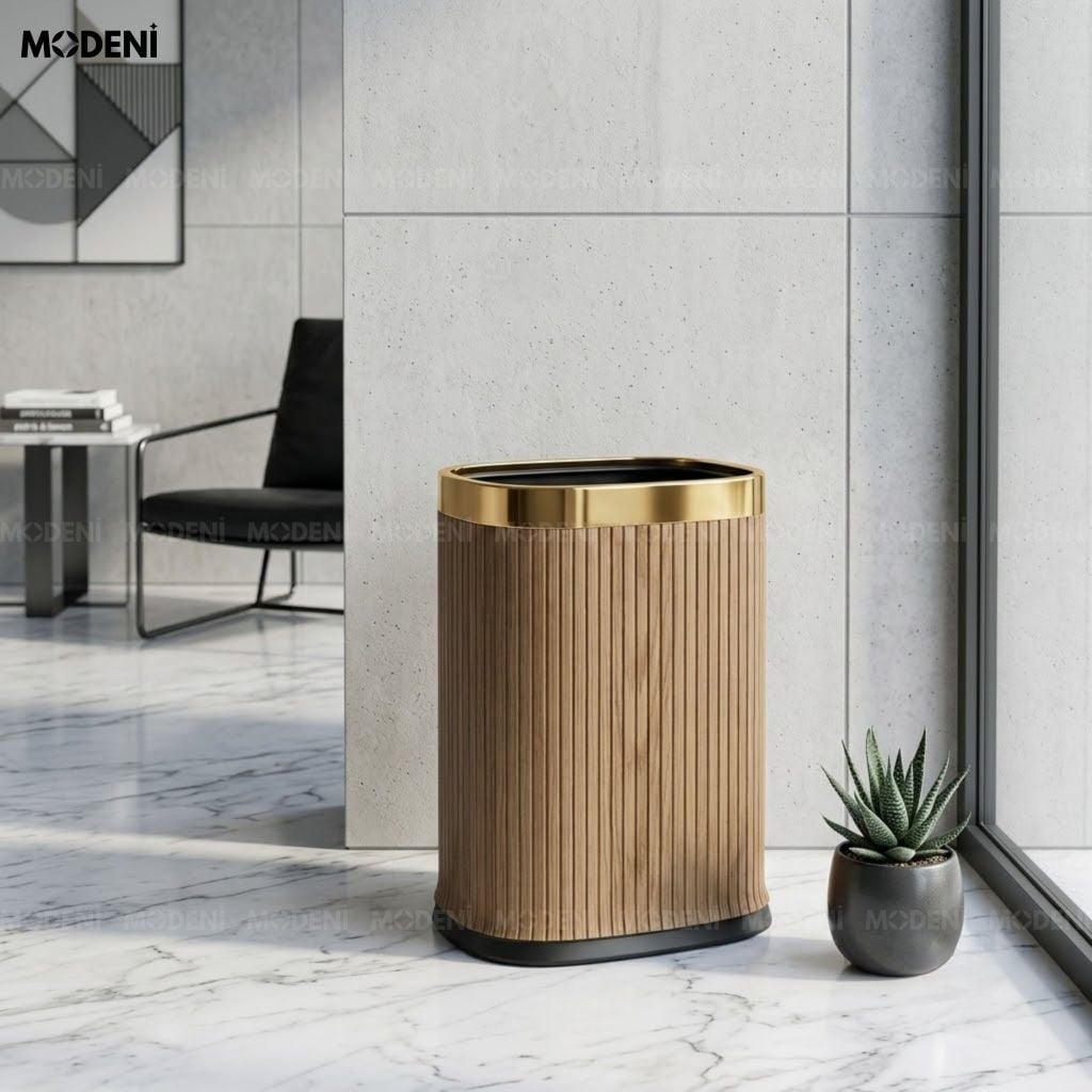 Thùng Rác Lignum Khung Kim Loại Bọc Da PU Modern Luxury Họa Tiết Vân Gỗ Nổi Cho Bàn Làm Việc