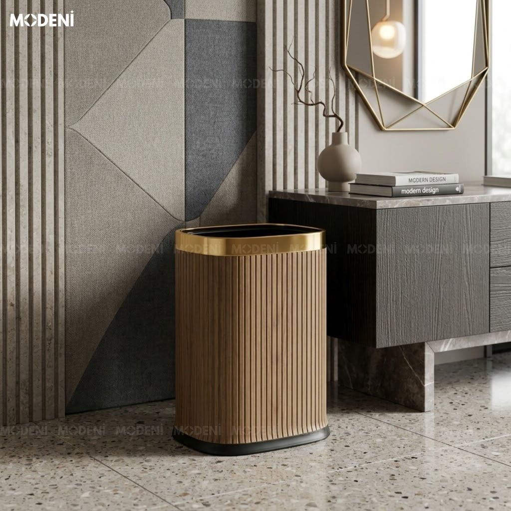 Thùng Rác Lignum Khung Kim Loại Bọc Da PU Modern Luxury Họa Tiết Vân Gỗ Nổi Cho Bàn Làm Việc