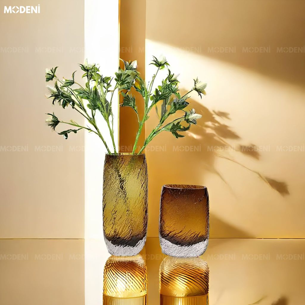 Bình Hoa Amber Cube Thủy Tinh Loang Nâu Vàng Hổ Phách Phong Cách Tối Giản