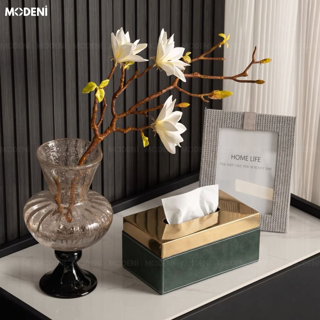 Hộp Khăn Giấy Linny Da Vân Marble Xanh Đậm Phối Nắp Kim Loại Modern Classic Cho Bàn Ăn Và Phòng Ngủ