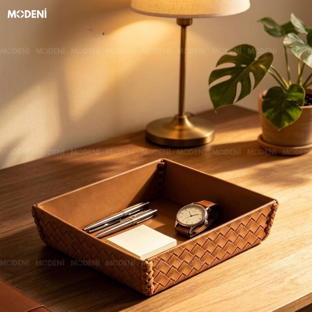 Khay Để Bàn Da Cesto Nâu Đẩt Da PU Họa Tiết Caro Nổi Dễ Dàng Lau Chùi Cho Không Gian Hiện Đại