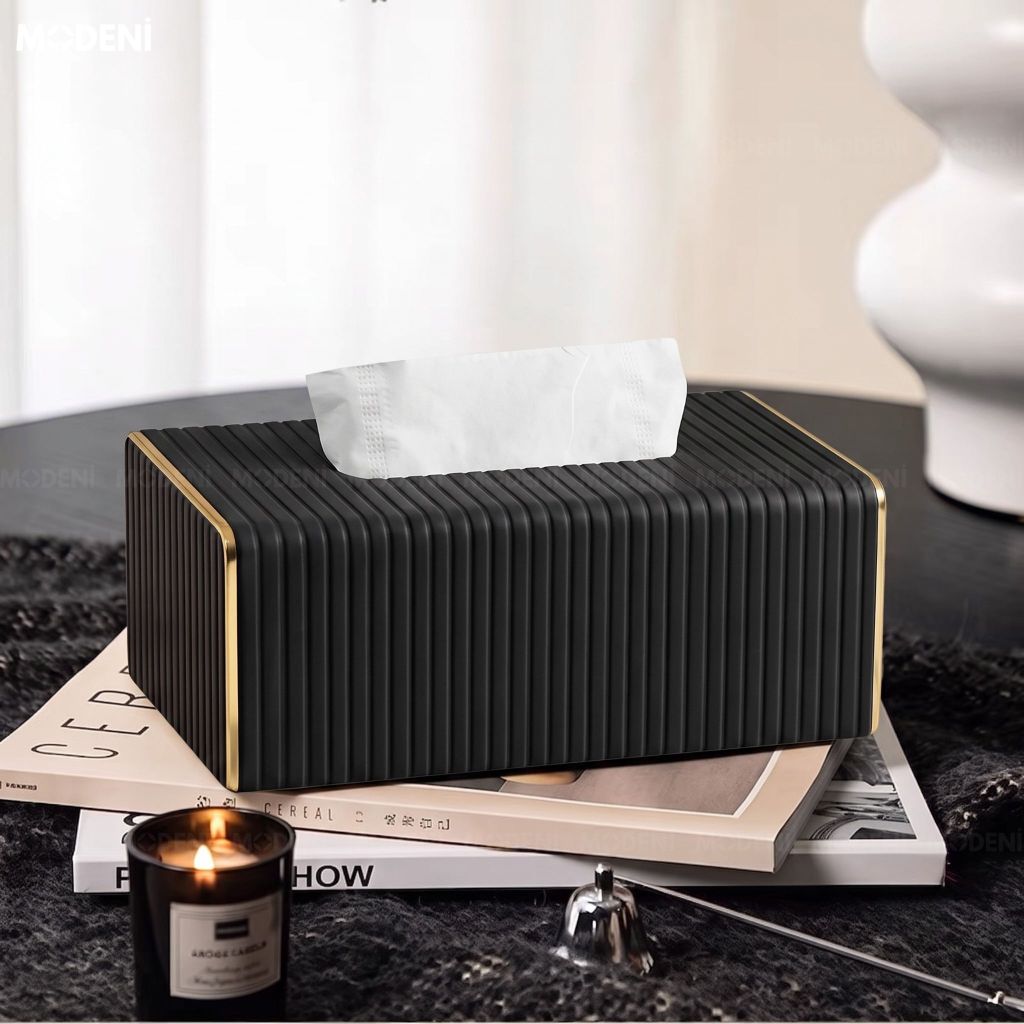 Hộp Khăn Sofie Nordic Black – Da PU  Vân Sọc, Nắp Trượt Viền Mạ Vàng Ánh Kim