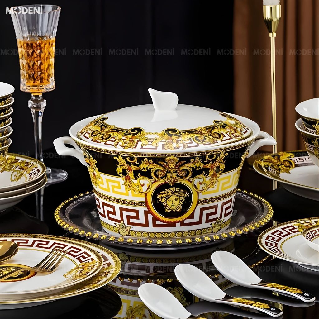 Bộ Chén Đĩa Sứ Xương Cao Cấp Regalia – Họa Tiết Baroque Hoàng Kim Quyền Quý, Biểu Tượng Đẳng Cấp Của Bàn Tiệc Sang Trọng