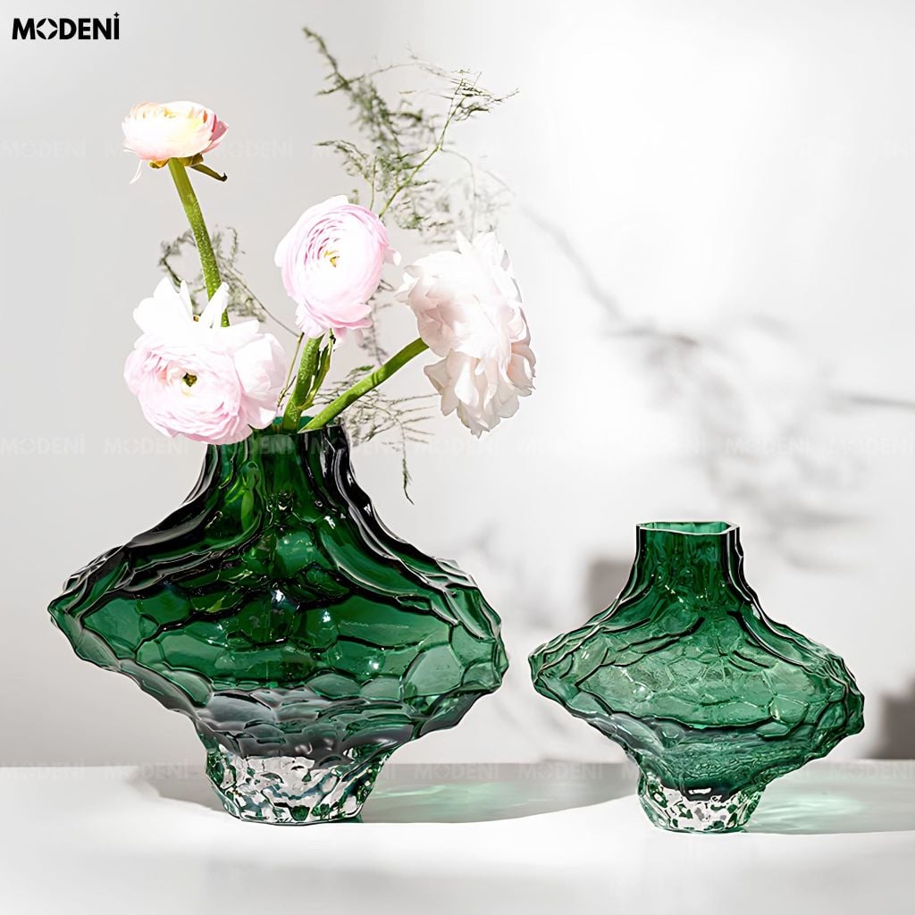 Bình Hoa Moss Emerald Thủy Tinh Gân Nổi 3D Xanh Lục Bảo Phong Cách Hiện Đại