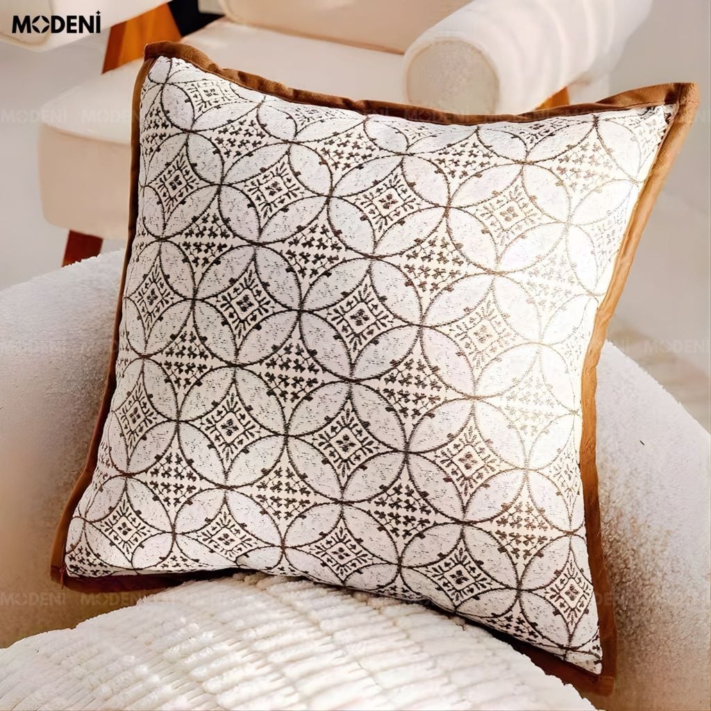 Vỏ Gối Sofa Pathline – Vải Chinelle Phối Nhung Họa Tiết Đồng Xu Thêu Nổi Phong Cách Hiện Đại