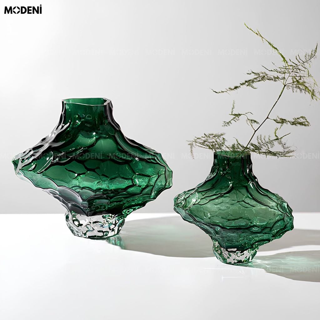 Bình Hoa Moss Emerald Thủy Tinh Gân Nổi 3D Xanh Lục Bảo Phong Cách Hiện Đại
