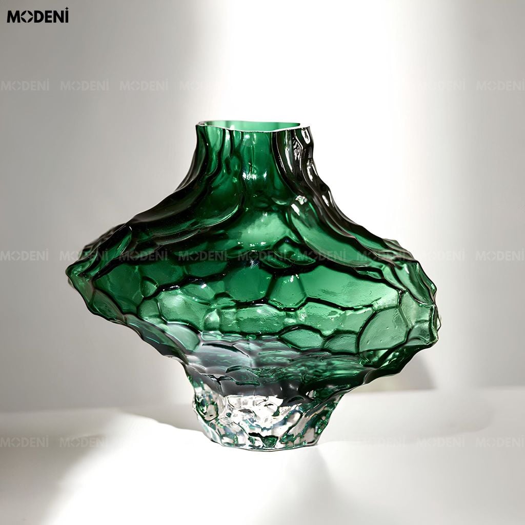 Bình Hoa Moss Emerald Thủy Tinh Gân Nổi 3D Xanh Lục Bảo Phong Cách Hiện Đại