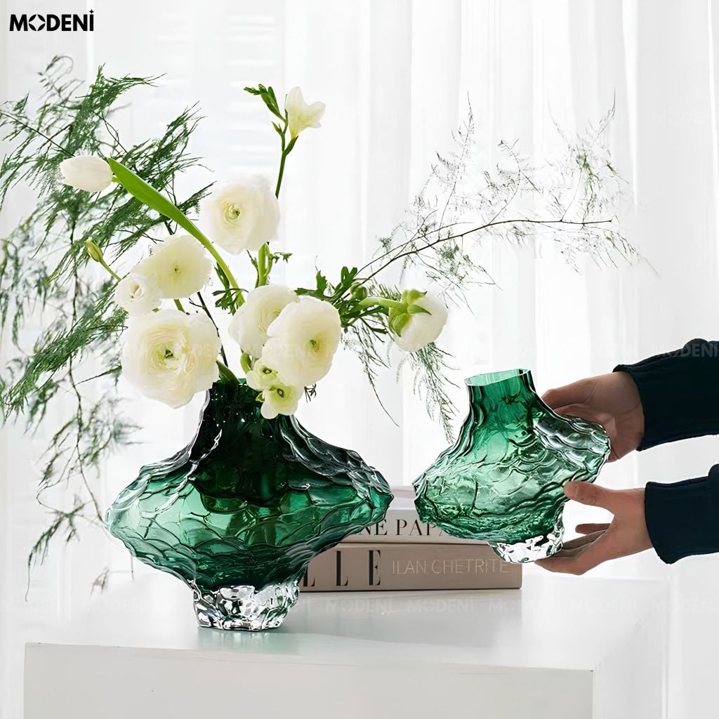 Bình Hoa Moss Emerald Thủy Tinh Gân Nổi 3D Xanh Lục Bảo Phong Cách Hiện Đại