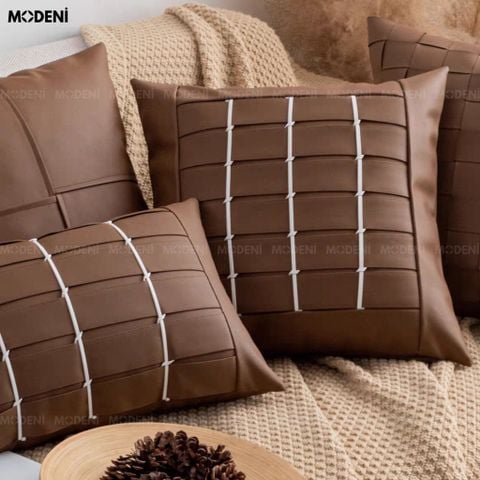  Vỏ Gối Sofa Bound – Da Microfiber Đan Sọc Nâu Viền Trắng Thủ Công Japandi 
