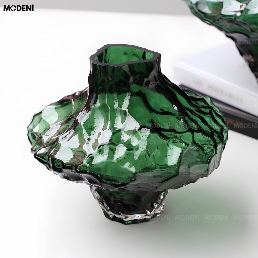 Bình Hoa Moss Emerald Thủy Tinh Gân Nổi 3D Xanh Lục Bảo Phong Cách Hiện Đại