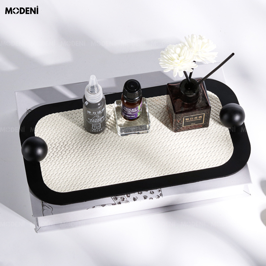Khay Trang Trí Obsidian Thép Không Gỉ Nhám Mờ Phối Lưới Mây Trắng Đen Phong Cách Modern Luxury