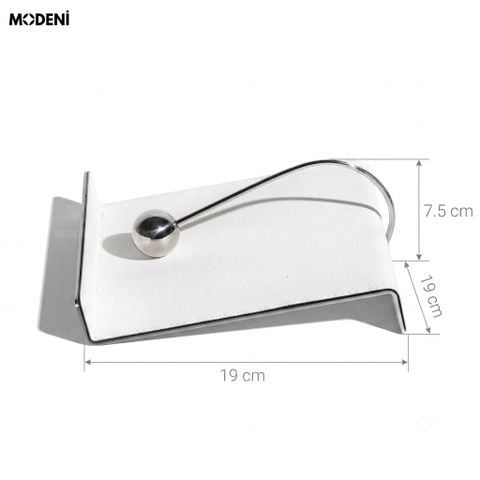Bản vẽ nền trắng mô tả kích thước chi tiết của hộp đựng khăn giấy Silk bọc da trắng với các thông số 19x19x7.5cm.