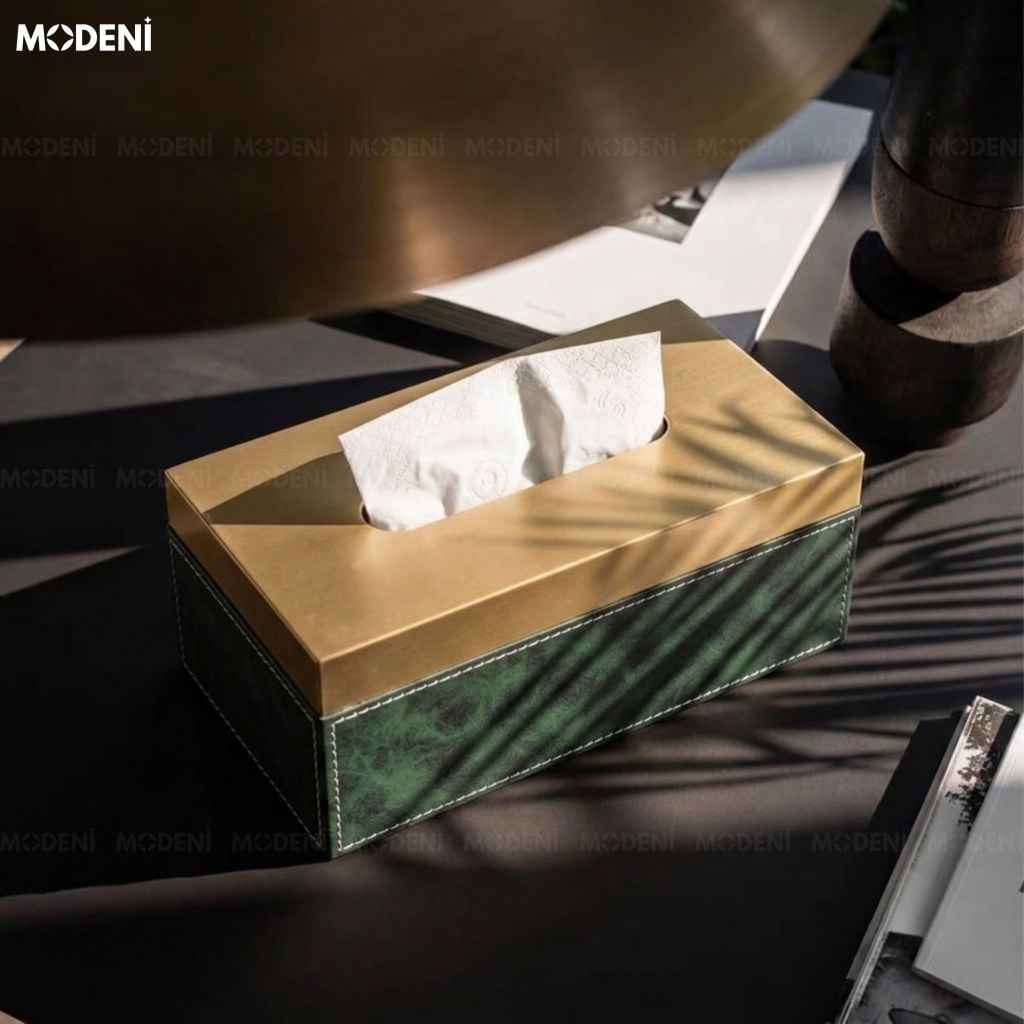 Hộp Khăn Giấy Linny Da Vân Marble Xanh Đậm Phối Nắp Kim Loại Modern Classic Cho Bàn Ăn Và Phòng Ngủ