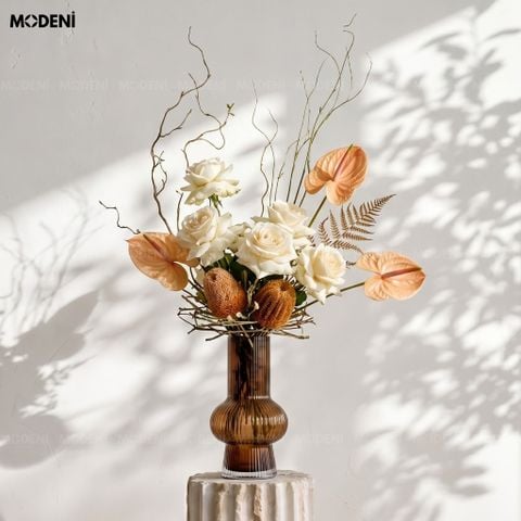  Bình Hoa Calla Thủy Tinh Sọc Gân Dọc Nâu Hổ Phách Phong Cách Ý Đương Đại 