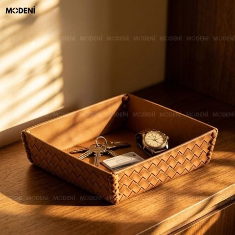 Góc chụp chéo trên bàn đá cẩm thạch khay trang trí nội thất phòng khách cao cấp bọc da đan chéo màu nâu đựng trang sức.