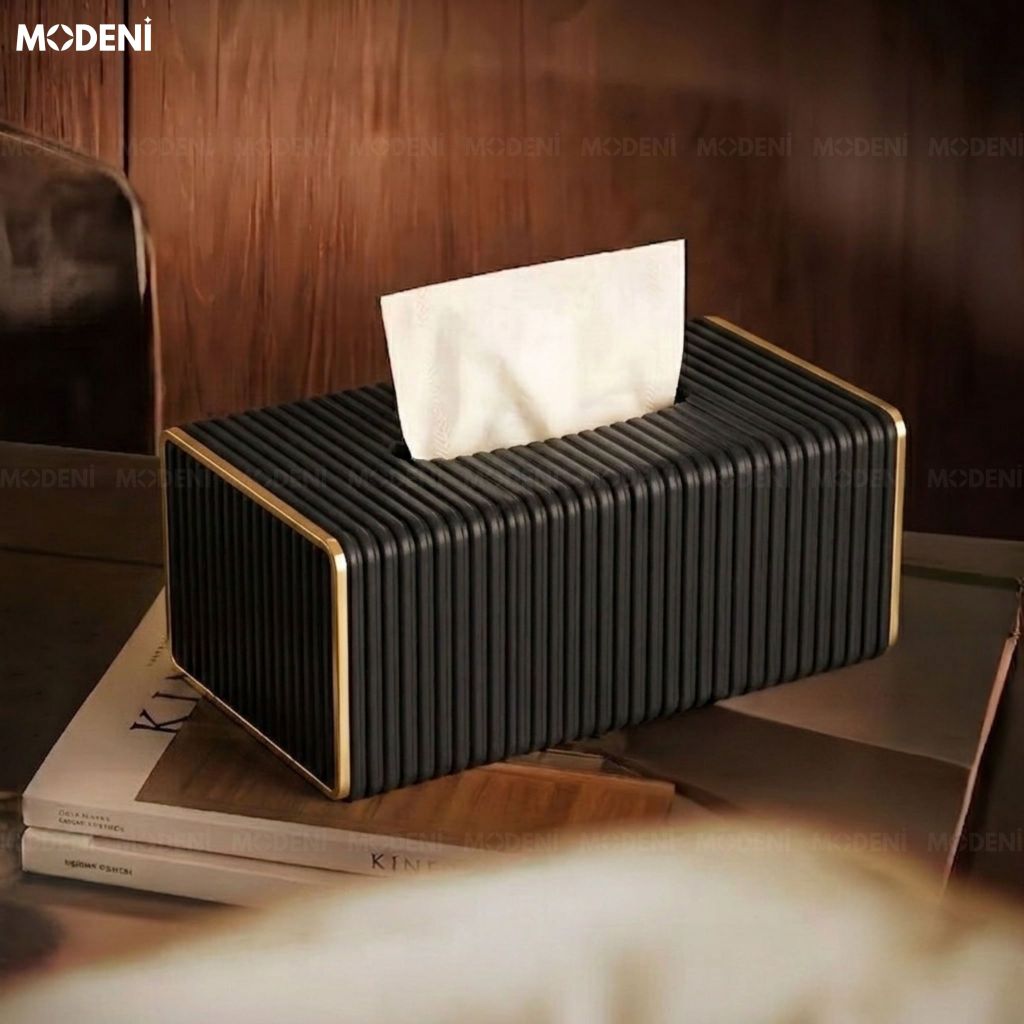 Hộp Khăn Sofie Nordic Black – Da PU  Vân Sọc, Nắp Trượt Viền Mạ Vàng Ánh Kim