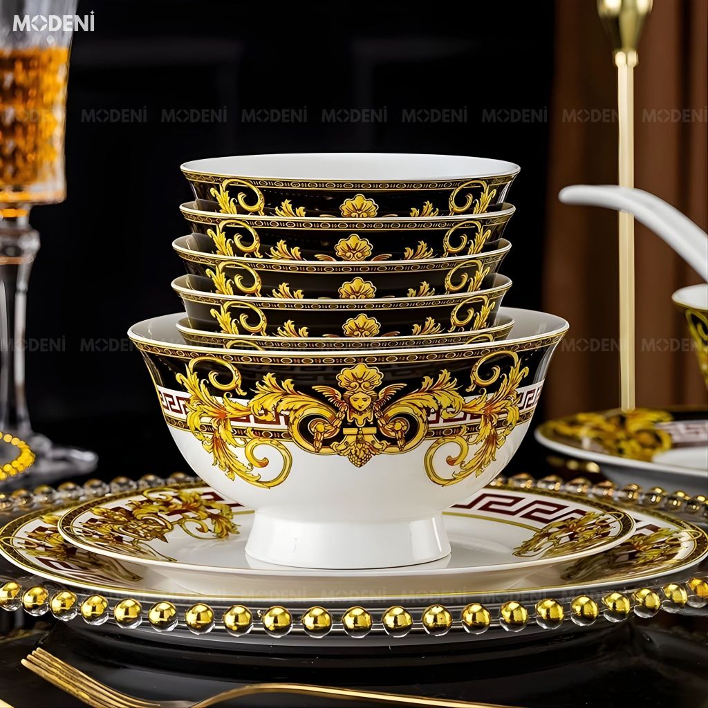 Bộ Chén Đĩa Sứ Xương Cao Cấp Regalia – Họa Tiết Baroque Hoàng Kim Quyền Quý, Biểu Tượng Đẳng Cấp Của Bàn Tiệc Sang Trọng