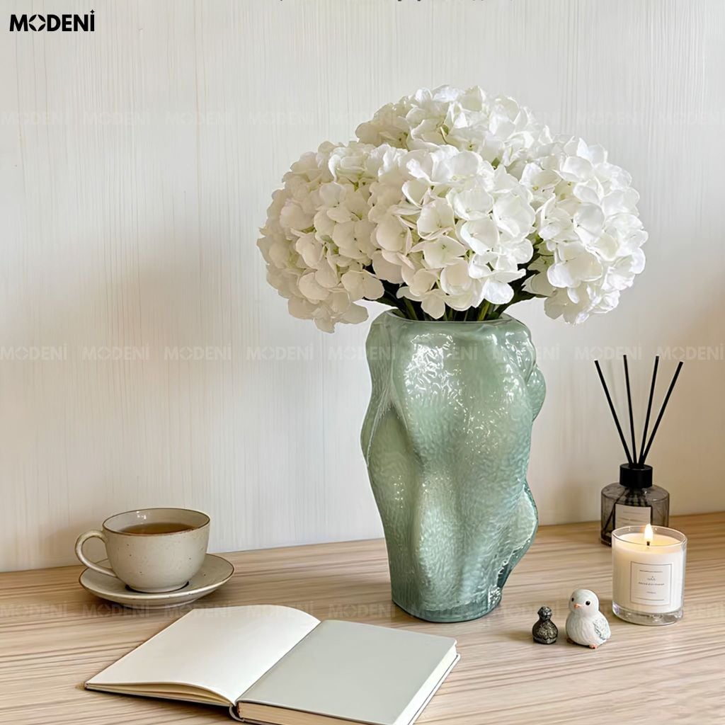 Bình Hoa Mint Ripple Thủy Tinh Gân Nhăn Xanh Mint Phong Cách Nghệ Thuật Đương Đại
