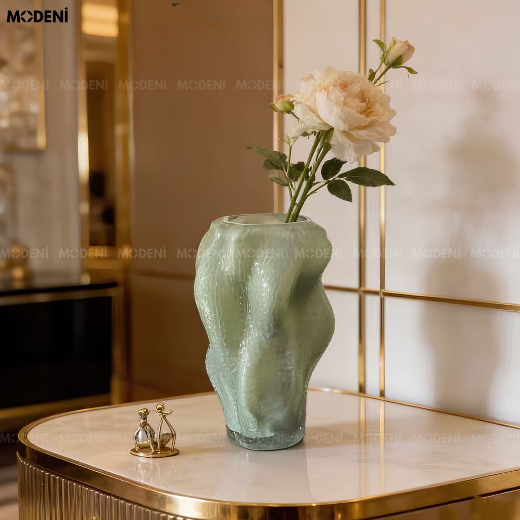 Bình Hoa Mint Ripple Thủy Tinh Gân Nhăn Xanh Mint Phong Cách Nghệ Thuật Đương Đại