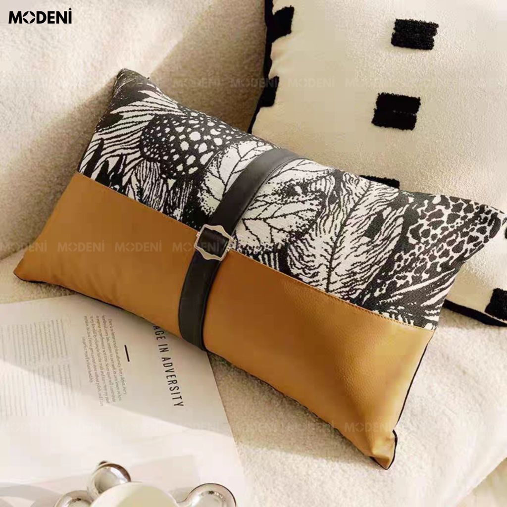 Vỏ Gối Sofa Colt – Vải Jackquard Phối Da Microfiber Họa Tiết Hoa Lá Dây Da Luxury