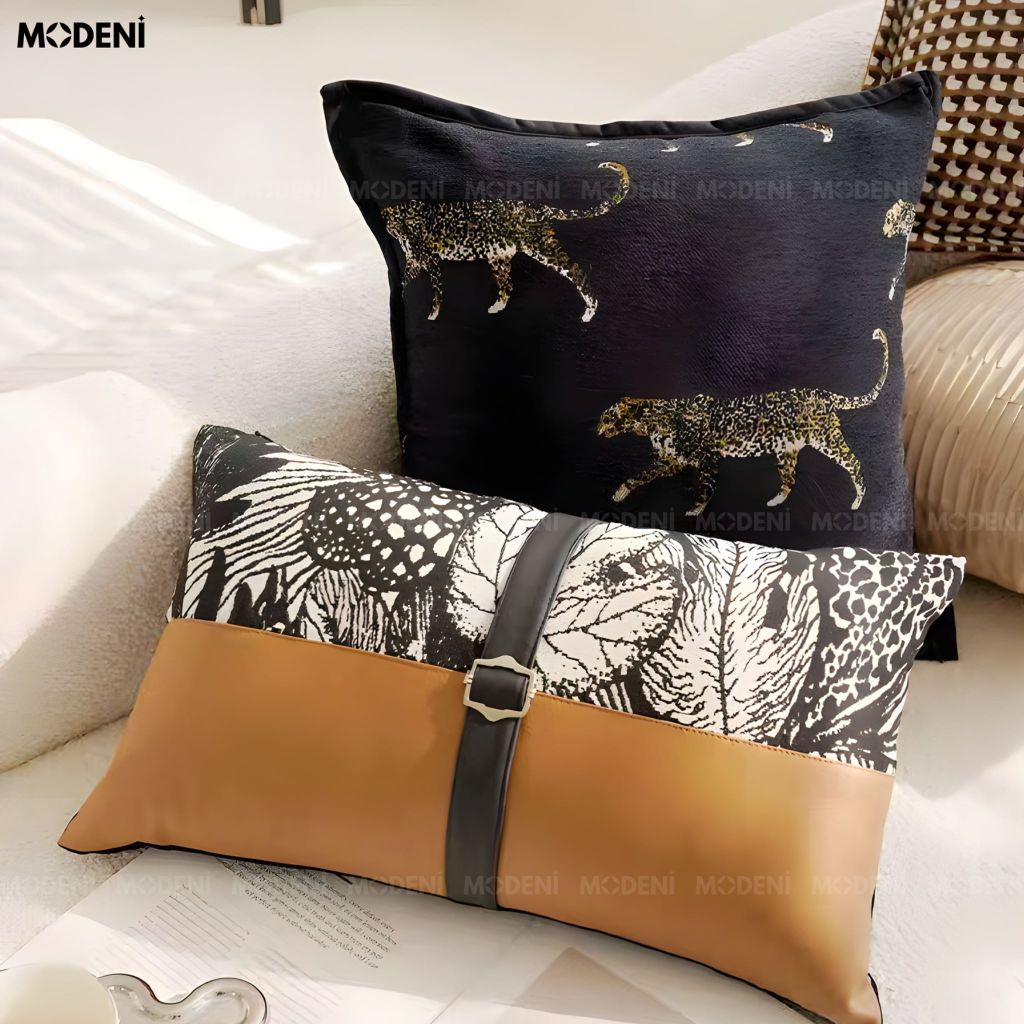 Vỏ Gối Sofa Colt – Vải Jackquard Phối Da Microfiber Họa Tiết Hoa Lá Dây Da Luxury