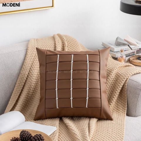  Vỏ Gối Sofa Bound – Da Microfiber Đan Sọc Nâu Viền Trắng Thủ Công Japandi 